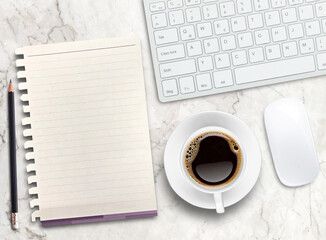 Obraz na płótnie Canvas Top view blank paper,pencil,keyboard and coffee mug on marble background.