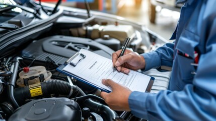 Mechanic holding clipboard with checklist while inspecting car engine during service