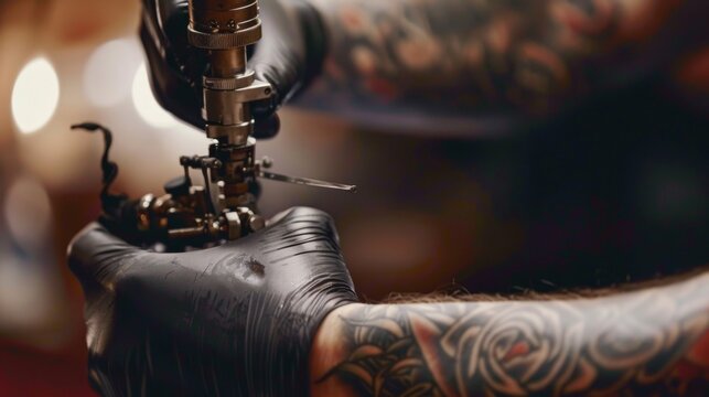 Close-up of a tattoo machine in the hands of an artist carefully creating a tattoo on a client's arm