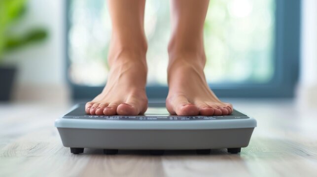 Close-up of a woman's bare feet standing on a digital scale