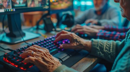 Close-up of an elderly woman's hands on a computer keyboard playing a video game - obrazy, fototapety, plakaty
