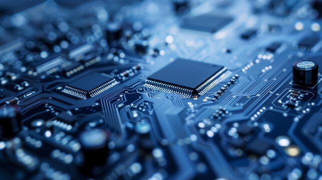 Close-up of a blue circuit board with electronic components.