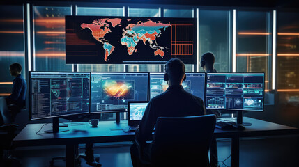 IT Technical Support Specialists, Financial Analysts and Day Traders Working on a Computers with Multi-Monitor Workstations with Real-Time Stocks, Commodities and Exchange Market Charts. 