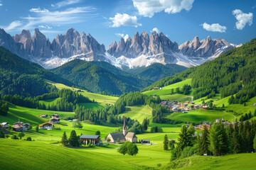 A picturesque landscape of the Dolomites in Italy, showcasing green pastures and charming villages nestled among snowcapped peaks under clear blue skies - obrazy, fototapety, plakaty