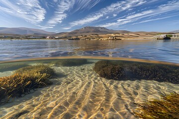 Aquatic Tranquility: Calm Seascape Where Clear Waters Reveal the Beauty of the Sandy Seafloor, Creating a Scene of Serene Beauty and Natural Harmony