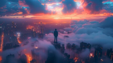 Dreamer overlooking a city shrouded in clouds and bathed in sunrise colors from a high vantage point
