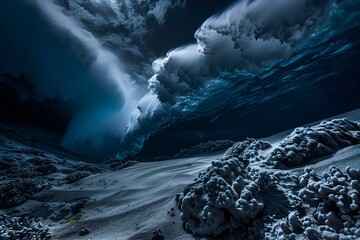 Tranquil Convergence: Mesmerizing Underwater World Blending Sandy Ocean Floor with the Boundless Sky, Uniting Earth and Sky in Harmony and Beauty
