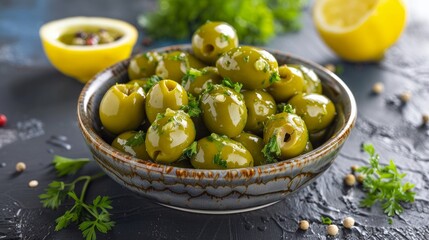 Cracked green olives. Cracked green olives with lemon. Turkish style olive (Turkish name  kirma zeytin)