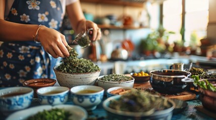 A woman is preparing a meal in a kitchen with various bowls and a spoon. Scene is calm and focused, as the woman carefully measures out ingredients for her dish - obrazy, fototapety, plakaty