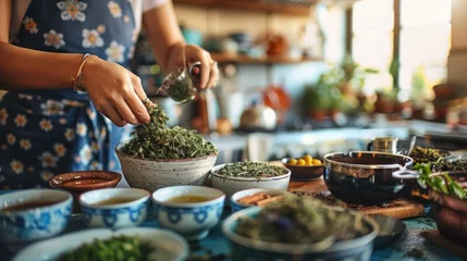 Foto op Plexiglas A woman is preparing a meal in a kitchen with various bowls and a spoon. Scene is calm and focused, as the woman carefully measures out ingredients for her dish © Woraphon