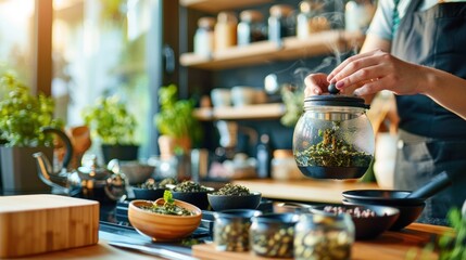 A woman is preparing a tea blend in a glass jar. The kitchen is filled with various items such as bowls, cups, and spoons. The atmosphere is cozy and inviting - obrazy, fototapety, plakaty
