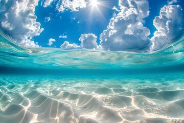 Celestial Connection: Ethereal Seascape Revealing the Hidden Beauty of the Sandy Ocean Floor, Harmoniously Merging with the Vast Sky Above in a Scene of Tranquil Splendor