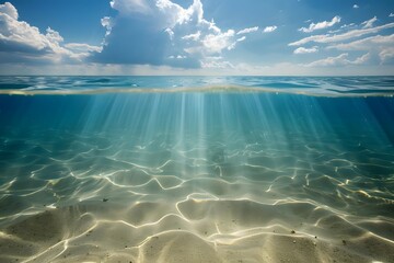 Skyward Symphony: Ethereal Seascape Showcasing the Hidden Beauty of the Sandy Ocean Floor, Effortlessly Connecting with the Infinite Sky, Inspiring Awe and Wonder