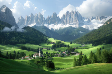 Fototapeta na wymiar A picturesque landscape of the Dolomites in Italy, showcasing green pastures and charming villages nestled among snowcapped peaks under clear blue skies