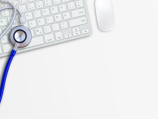 Keyboard with blue stethoscope on white table background.Computer servise and repair concept