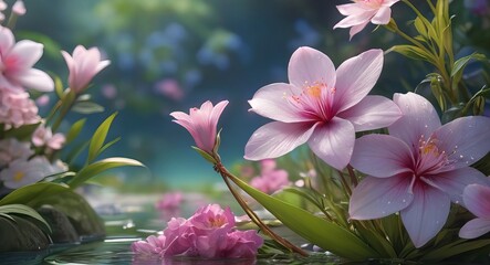Beautiful flower blossom blooming lotus with white pink petals on water blurred background for...