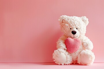 a white teddy bear holding a heart - obrazy, fototapety, plakaty