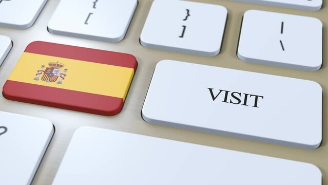 Spain National Flag and Text Visit on Button. Visit Country 3D Animation