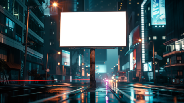 Large billboard mockup with spotlights on the city background at night. Advertising concept