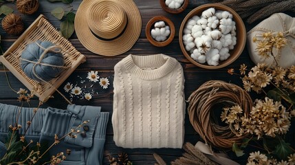 Montage of organic cotton clothing and accessories, highlighting their environmentally friendly pr - obrazy, fototapety, plakaty