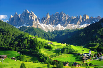 Fototapeta na wymiar A picturesque view of the Dolomites in Italy, showcasing green meadows and small villages nestled between majestic mountains under clear blue skies