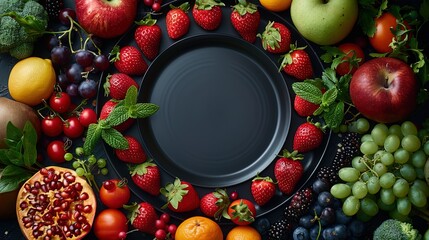 Luscious fruits and crisp vegetables elegantly frame an empty black plate, setting the stage for a - obrazy, fototapety, plakaty