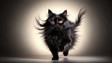  A black cat with long hair is running across a white floor as the light shines on its back