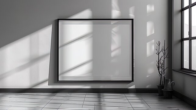 Minimalist mockup featuring a thin black frame against a pristine white studio wall, creating a sl
