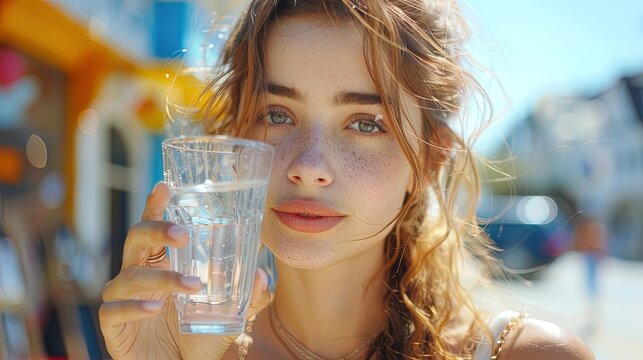 Natural and candid shot of a young woman indulging in a refreshing drink of water, showcasing the