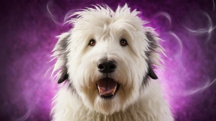  Purple background, dog's face, smoke Optimized for search engines - obrazy, fototapety, plakaty