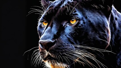  Black leopard close-up on black background with yellow eye light