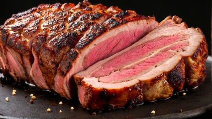  A succulent steak, expertly placed on a black platter with a sharp knife and a glass of rich red wine