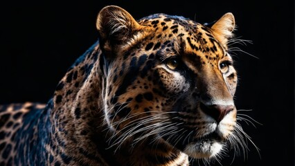  Focused, sharp image of leopard face on black background with blurred effect, enhancing visual appeal