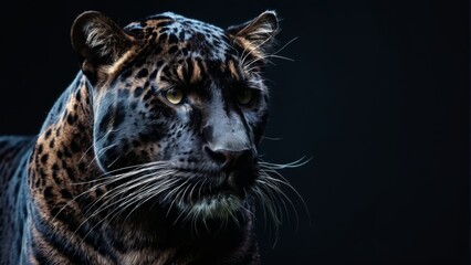  Focused close-up image of a leopard's face, captured against a black backdrop with subtle blurring effects
