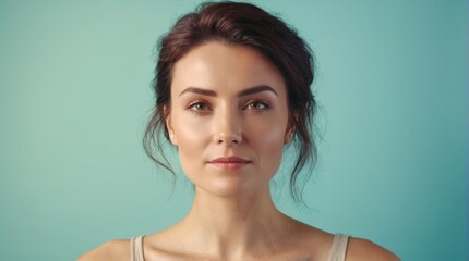  A woman wearing a tank top seriously stares into the camera, set against a blue backdrop for an SEO-optimized image caption - obrazy, fototapety, plakaty