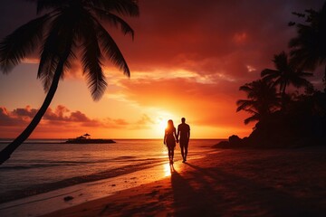 honeymoon travel silhouette of romantic couple on the beach  - obrazy, fototapety, plakaty