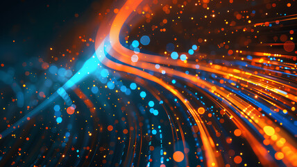Abstract Optical Fiber Network Flowing Data Concept . Digital illustration of vibrant optical fibers with flowing light particles representing high-speed data transfer and internet connectivity. 