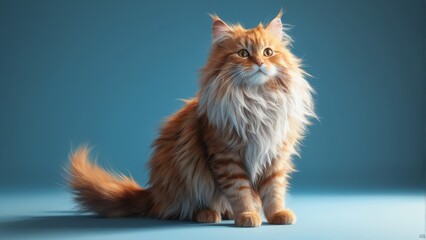 Obraz premium A fluffy orange-white cat perched atop a blue floor, adjacent to a blue wall and backdrop