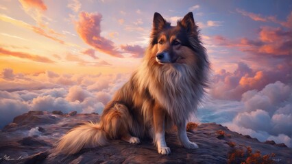  Breathtaking landscape painting featuring a majestic dog seated atop a mountain, with a serene sunset and fluffy clouds adorning the sky