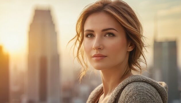  An image of a woman standing in front of a city skyline, basking in the sunlight as her hair flows gracefully in the breeze