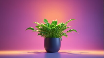  A stunning, lush potted plant perched majestically atop a vibrant blue table, adjacent to the captivating purple and pink walls of an inviting room