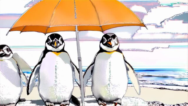 Three cartoon penguins standing under an orange sunshade on a stylized beach, displaying a playful and colorful scene