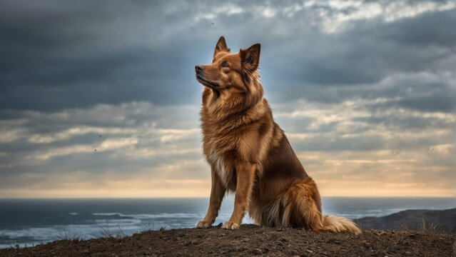  A serene image of a brown-black dog perched atop a hill, overlooking a tranquil body of water beneath a cloudy sky #b