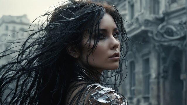  A stunning image of a woman with long, black locks standing in front of a grand, clock-tower adorned skyscraper