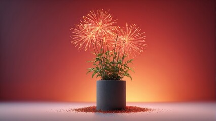  A vibrant potted plant decorated with sparkling fireworks on a table, set against a striking red background