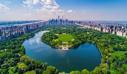 A stunning aerial view of New York City's Central Park, showcasing the iconic trees and greenery with skyscrapers in the background - obrazy, fototapety, plakaty