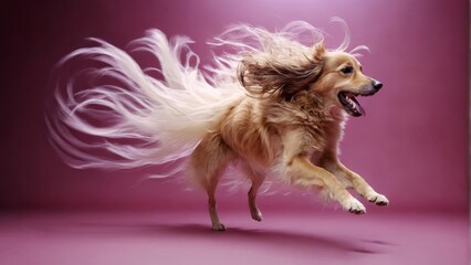  A dog mid-jump, with fur flying and mouth agape
