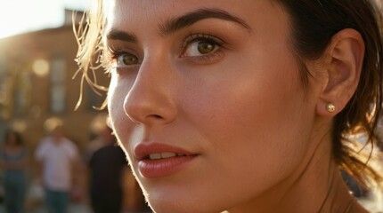 Obraz premium A stunning woman basking in the warmth of the sun surrounded by a lively crowd on a radiant day