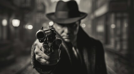 The mafia dealings in the darkside of crime are legendary and notorious aiming a revolver directly at the target in a dimly lit alley. - obrazy, fototapety, plakaty