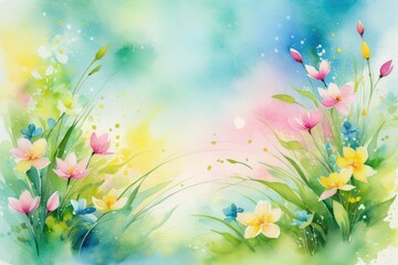 Fototapeta na wymiar Abstract background capturing the essence of spring, bursts of vibrant green and delicate pinks suggest new growth and blossoming flowers, playful splashes of yellow evoke bright sunlight
